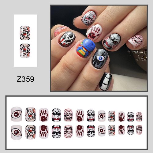 Halloween Short Press on Nails Square Fake Nails Scary Movie Characters Bloody Halloween Glue on Nails False Nails with Designs Holiday Halloween Manicure Art Decorations for Women 24Pcs