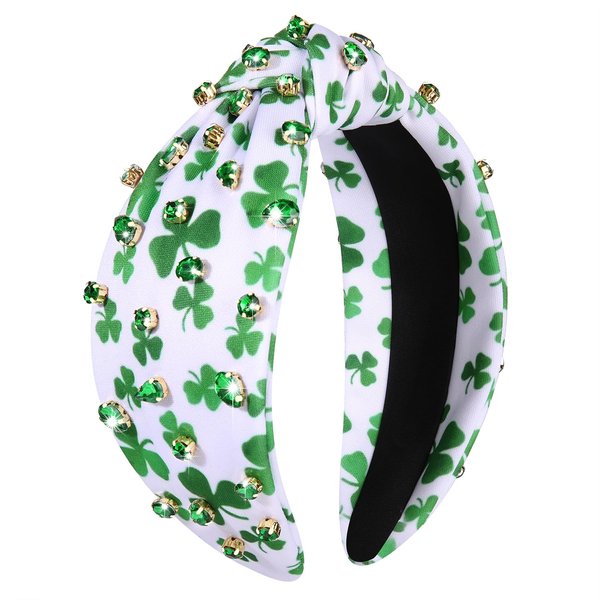 boderier St.patricks Day Headband Green Shamrock Headband Jeweled Crystal Knotted Headband Holiday Party Accessories (Rhinestone Shamrock Pattern)