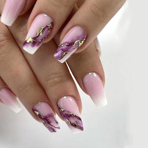 Purple Marble Gold Foil Press on Nails Long Pink Gradient Fake Nails Glossy Coffin Nails Reusable Artificial False Nails with Glue on Nails Full Cover Stick on Nails for Women DIY Charm Manicure