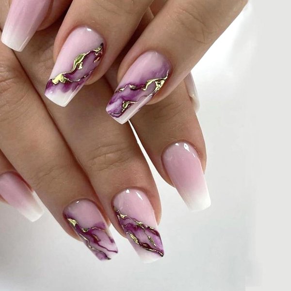 Purple Marble Gold Foil Press on Nails Long Pink Gradient Fake Nails Glossy Coffin Nails Reusable Artificial False Nails with Glue on Nails Full Cover Stick on Nails for Women DIY Charm Manicure