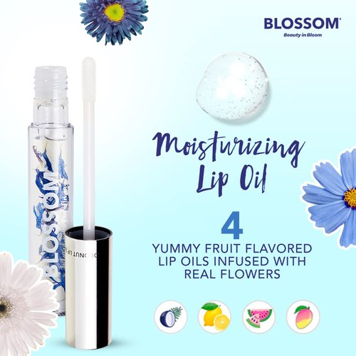 Blossom Moisturizing and Hydrating Shimmer Sparkle Lip Oil with Olive Oil + Grape Seed Oil, Infused with Real Flowers, 3g, Coconut