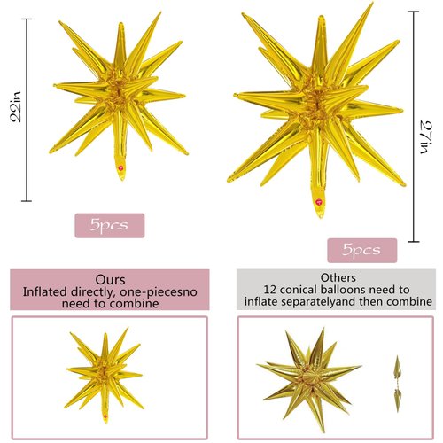 dmjuncong 10 Pcs Starburst Cone Balloons,Spike Balloons,Huge Gold Explosion Star Aluminum Foil Balloons for Mother's Day,Birthday, Wedding Anniversary,Graduation Party,Disco Party Decorations.