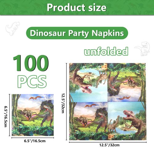 100Pcs Dinosaur Napkins - 13 x 13 Inches Dinosaur Party Decorations Napkins Disposable Dino Paper Napkins for Kids Baby Shower Dinosaur Birthday Supplies