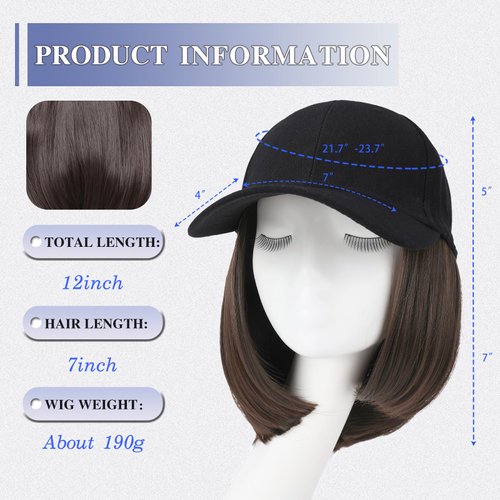 FORCUTEU Hat Wigs for Women Baseball Cap with Hair Extensions Short Straight Bob Hairstyle 12 Inch Caps with Hair Attached Adjustable Baseball Cap Wig for Daily Party
