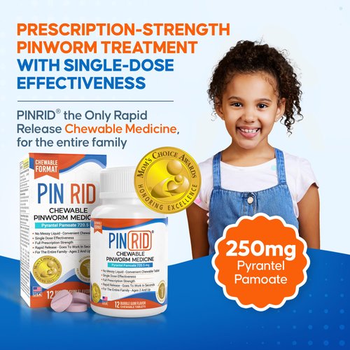 PIN RID Pyrantel Pamoate Dewormer for Humans - 250mg, Pinworm Medicine for Adults & Kids, Fast Acting Human Dewormer Treatment for Pinworms, Hookworm, Roundworm, Whipworm, 12 Chewable Tablets