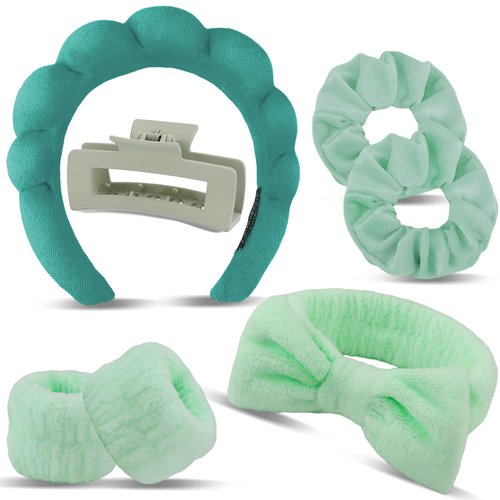 AUDTOPE 7Pcs Spa Headband and Wristband Set, Face Wash Headband Makeup Skincare Headband Wrist Bands Thick Puffy Sponge Bubble Headband Wrist Scrunchies Claw Clips for Washing Face, Green