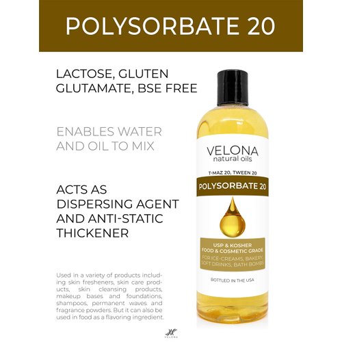 Polysorbate 20 by Velona - 16 oz | Solubilizer, Food & Cosmetic Grade | All Natural for Cooking, Skin Care and Bath Bombs