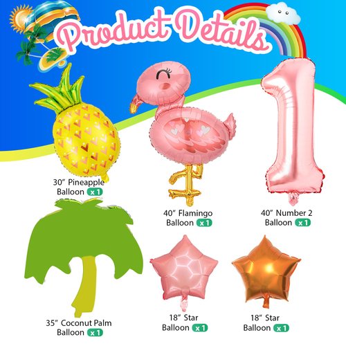 6Pcs Hawaiian First Birthday for Kids Baby Party Supplies 40 Inch Giant Foil Helium Balloon Cute Flamingo Party Decorations Summer Tropical Party Decor 1st Anniversary Celebrate 1st one Party Favor