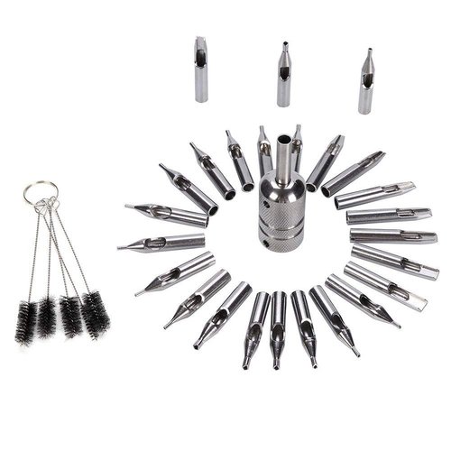 Tips Stainless Steel Tubes Kits, 22pcs Assorted Stainless Steel Tip Kit with 1 pc Stainless Steel Machine Tube Handle Grips,Cleaning Brush(without Allen Wrench)