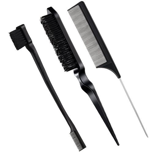 Geiserailie 3 Pcs Slick Back Hair Brush Set Bristle Hair Brush Edge Control Brush Teasing Comb for Women Baby Kids' Black Hair(Black)