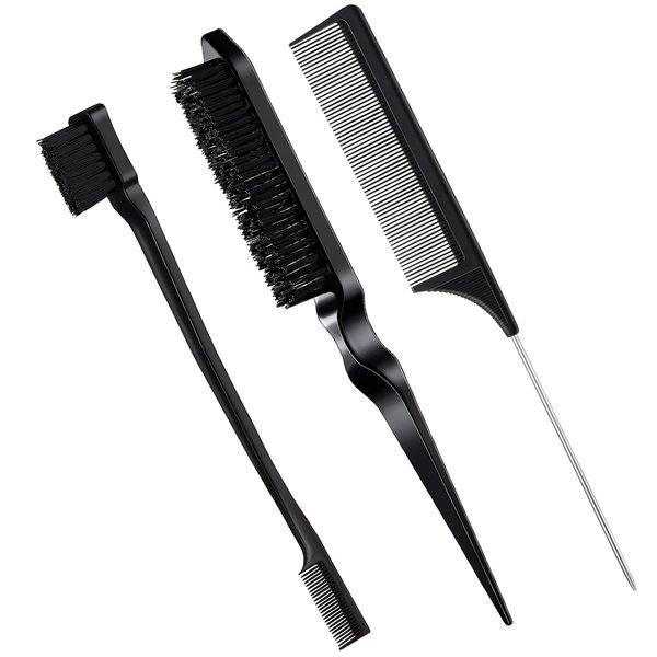 Geiserailie 3 Pcs Slick Back Hair Brush Set Bristle Hair Brush Edge Control Brush Teasing Comb for Women Baby Kids' Black Hair(Black)