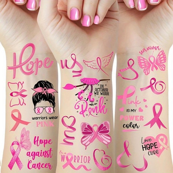 40 Pieces Breast Cancer Awareness Temporary Tattoos, Pink Ribbon Tattoo Stickers for Women Girls Face Body Decoration Supplies for Fundraising Event Party