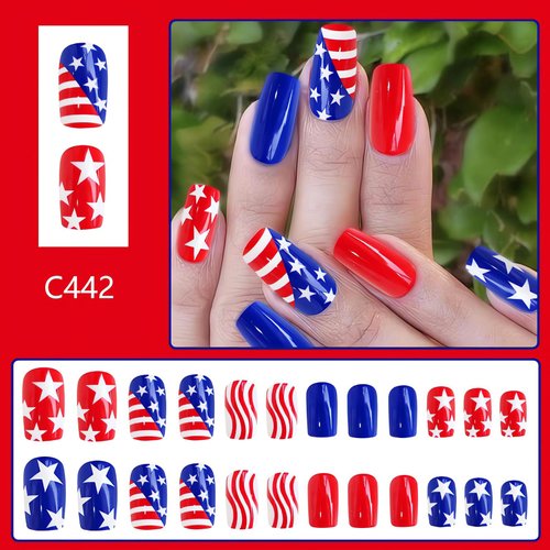 Square Press on Nails Independence Day Fake Nails, LPOODDNU Blue Red Press on Nails Medium Length False Nail Tips Cute Star Stripe Stick on Nails for 4th of July Nail Art Decorations - 24Pcs