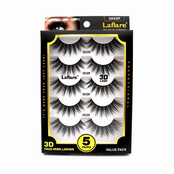 Laflare Premium Silk Lashes 3D Faux Mink Eyelashes Multipack, Light, Natural Looking, Professional Easy to Apply Eyelashes in a Knitted Style 5 Pairs Value Pack (26X5P)