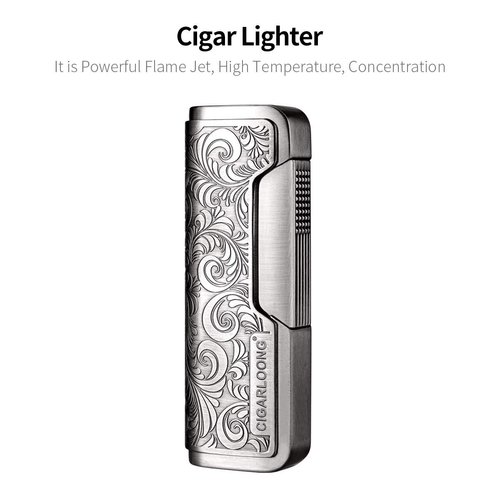 CIGARLOONG Cigar Cutter and Lighter Set Sharpening Blade Engraved Cigar Guillotine and Retro Carved Lighter(Color:Silver)