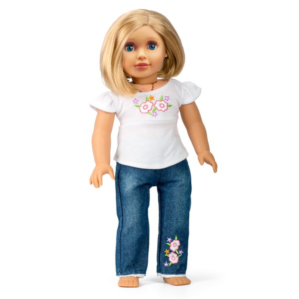 Casual T-Shirt & Jeans 2pc Doll Outfit - Premium Handmade Clothes & Accessories Compatible w 18" American Girl Dolls- Set Includes Jeans & Floral T Shirt, Xmas Gifts & Stocking Stuffers for Girls