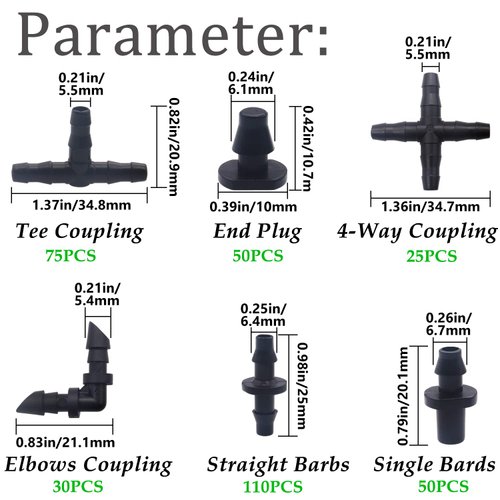Aienxn 340PCS 1/4" Drip Irrigation Kit Barbed Connectors, Straight Barb, Tee, Single Barb, End Plug, Elbow, 4 Way Coupling Irrigation Fittings for Garden Lawn Flower Pot Q-K1-042-BOX