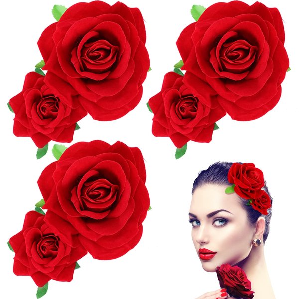 3 Pieces Red Rose Flower Hair Clip Women's Flower Clips Cosplay Accessories Flower Clips for Woman Girl Halloween Wedding Party Favor