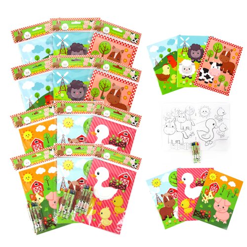 Tiny Mills Farm Animals Coloring Books with Crayons Party Favors with 12 Coloring Books and 48 Crayons, Fun Barnyard Party Favors, Farm Animals Prizes, Favor Bag Filler, Barnyard Party Supplies