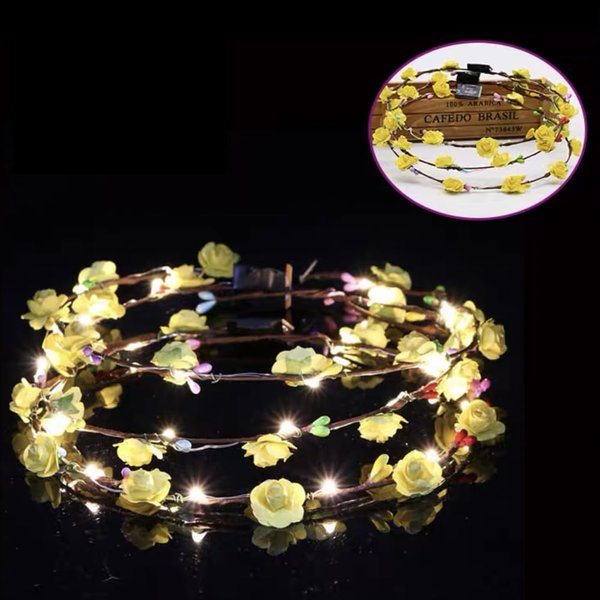 LEEMASING Led Light Women Flower Girl Headband Glow Blinking Crown Hair Wreath For Girls Women Wedding Festival Christmas New Year Party (Yellow)