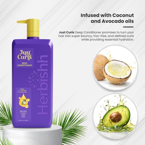 Herbishh Just Curls Deep Conditioner for Curly Hair, Avocado & Coconut Oil, Vegan, 500ml, Curlfaction Deep Conditioner for Curly Hair & Deep Hair Conditioner for Dry Damaged, Detangler, Wavy Hair