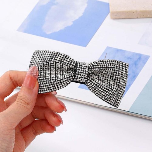 Fdesigner Crystal Bows Hair Clip Silver Rhinestones Bowknot Hair Pins Wedding Bride Party Hair Barrette for Women (Silver)
