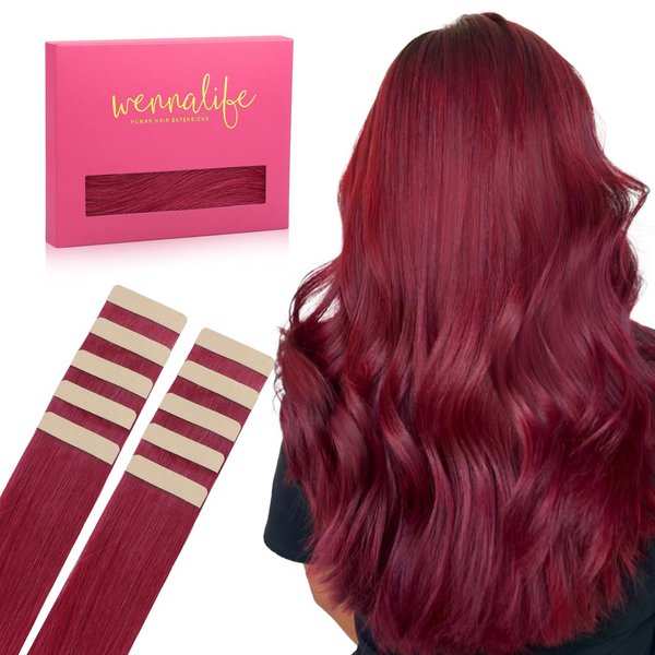 WENNALIFE Tape in Hair Extensions Human Hair Burgundy Red Tape in Extensions, 10pcs 30g 20 inch Remy Invisible Tape Ins Straight Colored Soft Real Human Hair Tape in Extensions Refill Set Extensions