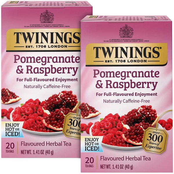 Twinings Pomegranate & Raspberry Tea - Naturally Caffeine-Free Herbal Tea Bags Individually Wrapped, 20 Count (Pack of 2)