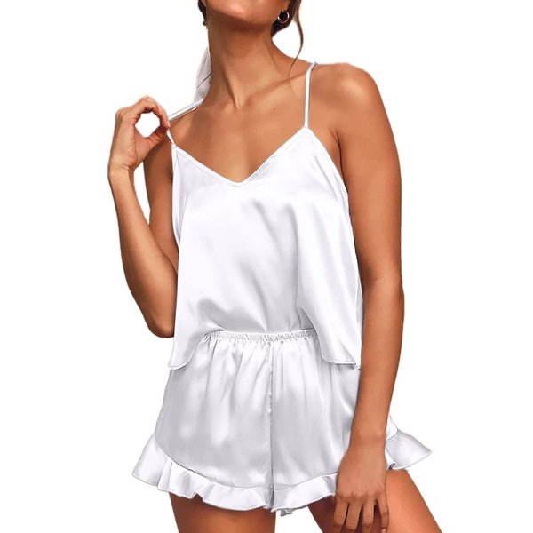 CHYRII Women's Sexy Cami Pajamas Sets Silk 2 PCS Lounge Sets with Ruffled Shorts Sleepwear White S