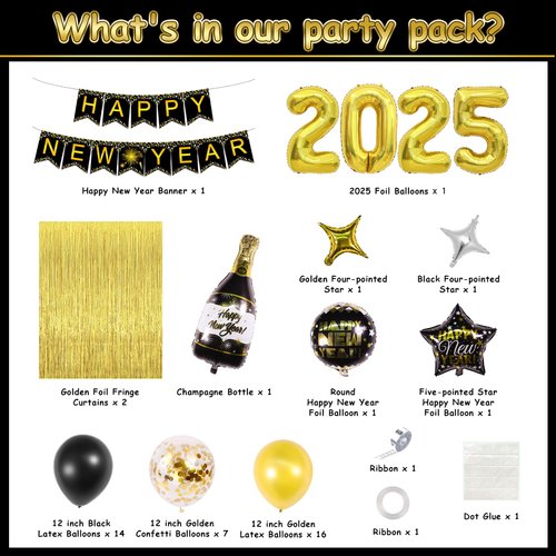 Kusamue Happy New Years Eve Party Decorations Kit, 2025 foil balloons happy new year banner 2 PCS Gold fringe curtains 37PCS 12 Inch Latex Balloons for New Year Party Eve Carnival Greet New Year Kit