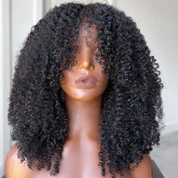 Meadow hair Full 200 Density Afro Kinky Curly Human Hair Wig With Bang Brazilian Virgin Afro Coily Wigs Bangs For Black Women Machine Scalp Top Wig Glueless 24inch