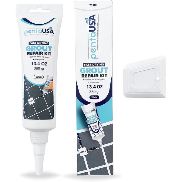 PentaUSA Tile Grout - Grout Filler Repairs Renews Tube, Fast Drying Grout Repair Kit, Odorless Grout Paint, Advanced Formula - Restore and Renew Grout Line (13.4 Oz - 380 Gr) (White, 13.4 Oz)