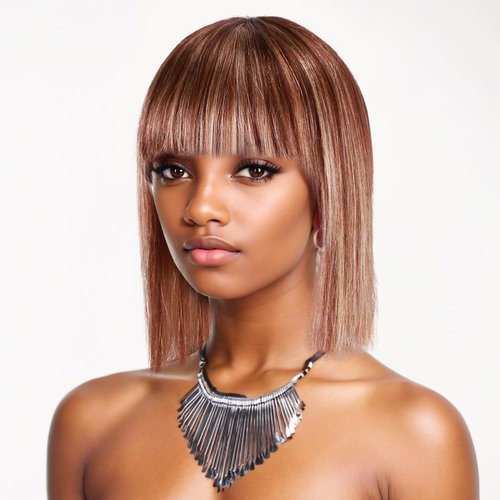Melanin Manes Short Bob Wig With Bangs 100% Brazilian Human Hair Straight 10 Inch Ombre Brown With Blonde Highlights 4/27 180% Density Glueless Machine Made With Razor Comb With Wig Cap