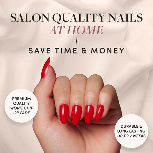 Glamnetic Press On Nails - Fiery Red | Opaque Bright Red Short Almond Fake Nails, Reusable | 15 Sizes - 30 Nail Kit