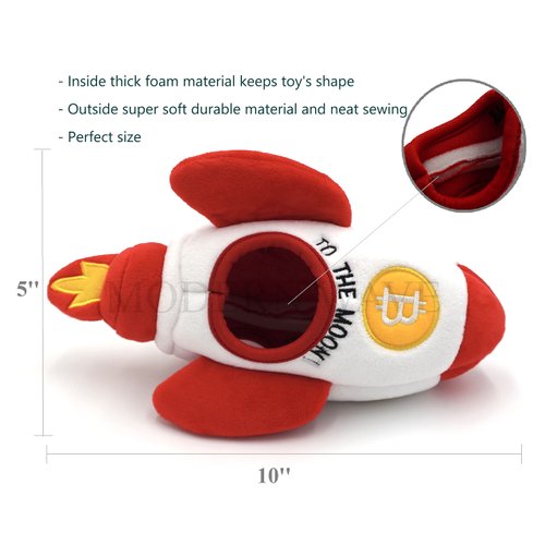 MODERN WAVE - Squeaky Plush Dog Toy Bitcoin Crypto - Interactive Hide and Seek Squirrel Type Puzzle Toy for Dogs, Small - Medium Size (Rocket and Coins)
