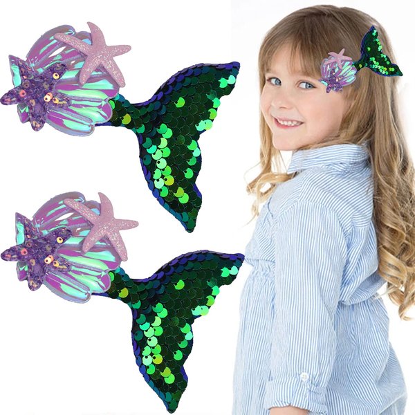 Mermaid Tail Hair Sparkling Pin Aurora Sequins Fish Tail Hairpin Crocodile Clips Hair Clip Starfish Shell Mermaid Design Hair Clips Accessories for Women and Girls-2 pcs（Pastel）