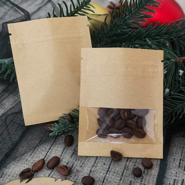 BEISHIDA 100 Pack 3.5 Inch Small Resealable Bags Airtight Brown Kraft Paper Bags with Clear Window Seed Storage Bag Spice Bag Small Packaging Bags for Storage Sample Bags Heat Sealable Bags