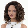 RENERSHOW Layered Short Ombre Brown with Blonde Highlight Wavy Bob Wigs for Women Mid-length Brown Wave Curly Wig Synthetic Side Part Natural Looking Daily Party Wig