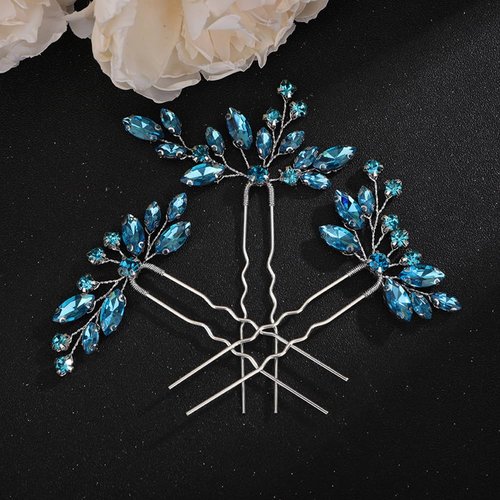 Teyglen 3pcs Crystal Bride Wedding Hair Pins Bridal Blue Rhinestone Hair Pins Set Handmade Blue Black Red Crystal Hair Pieces Wedding Hair Accessories for Bride Women Girls (Lake Blue)