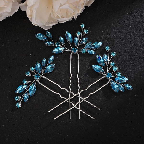 Teyglen 3pcs Crystal Bride Wedding Hair Pins Bridal Blue Rhinestone Hair Pins Set Handmade Blue Black Red Crystal Hair Pieces Wedding Hair Accessories for Bride Women Girls (Lake Blue)