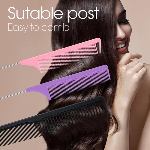 Trati 3Packs Rat Tail Combs for Women Hair Parting Tool Fine Tooth Comb Carbon Fiber Heat Resistant Teasing Combs Barber Hair Styling Tools(Black|Purple|Pink)