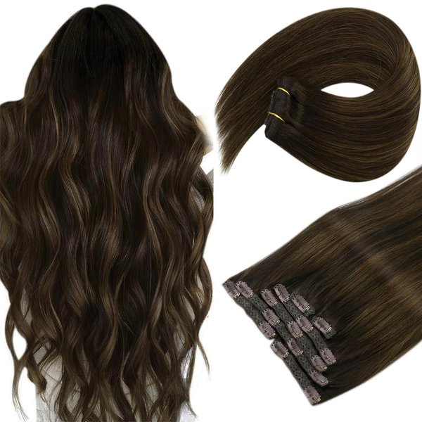 Sunny Clip in Hair Extensions Real Human Hair Short Clip in Extensions Dark Brown Ombre Medium Brown Balayage Clip in Human Hair Extensions Dark Roots Brown Hair Extensions 14inch 7Pcs