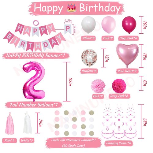 Sweet 2nd Birthday Decorations for Baby Girl, Pink and White 2 Happy Birthday Balloons，2nd Birthday Party Supplies for Daughter Her Kids Including Pink Happy Birthday Banner, Pink Number 2 Foil