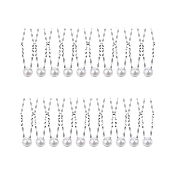 KDDOM 20 Pcs U Shape Pearl Hair Pins Wedding Bridal Flower Pins for Bridesmaids Women Girls, 0.4 inch(Silver)