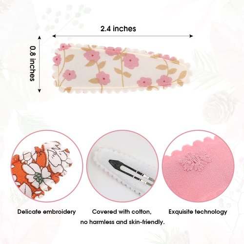 JIAHANG 20Pcs Baby Girls Floral Print Hair Clips in Pair, Non Slip Hairpins Cotton Snap Hair Barrettes Thin Thick Hair Accessories for Toddlers Kids(color A)