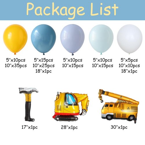 Construction Balloons Garland Arch Kit 155Pcs Yellow and Blue Balloons with Crane Excavator Hammer Foil Balloon for Birthday Baby Shower Trucker Appreciation Day Construction Party Decorations
