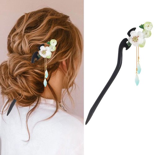 Exquisite Wood Hair Stick Hairpin White and Green Flowers Updo Hair Comb Retro Tassel Pendant Accessories Chinese Hair Chopsticks MGPFERD