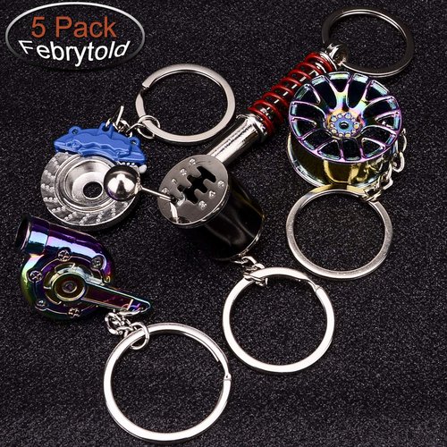 FEBRYTOLD 5 Pcs Car Parts Model Key Chains, Colorful Turbo Keychain, Black Manual Gearbox Keychain, Colorful Tire Rim Keychain, Blue Brake Rotor Keychain, Red Spring Shock-absorber Keychain