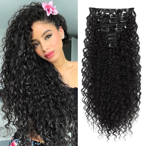 FLUFYMOOZ 9PCS Clip in Hair Extensions 22 Inch Curly Hair Extension Long Soft Synthetic Hairpieces for Women (Black)