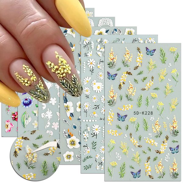 Flowers Nail Art Sticker 5D Acrylic Exquisite Embossed Nail Decals Flower Spring Summer Flower Peony Daisy Nail Art Supplies Self-adhesive Luxurious Design Nails for Women and Girls Nail Decorations 6